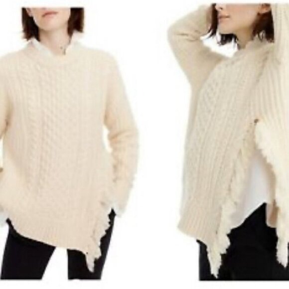 J.CREW SWEATER FISHERMEN CABLE KNIT FRINGE CHUNKY TAN SZ XS OVERSIZED AESTHETIC - Picture 14 of 14